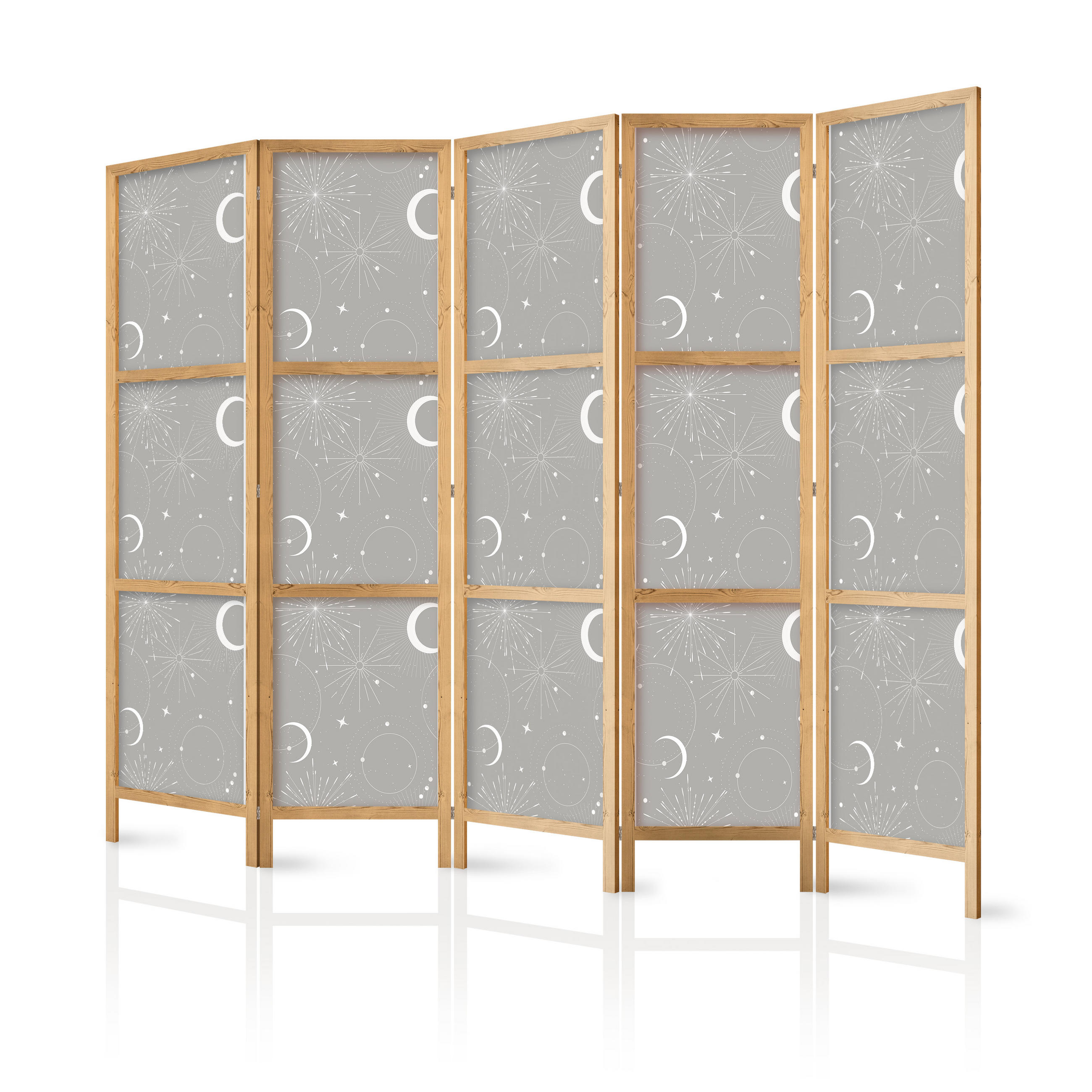 PARAVENT Japanischer 5-tlg 225x172 cm Monde Und Sterne - Grau, Holz/Textil (225/172/3cm) - Muralo