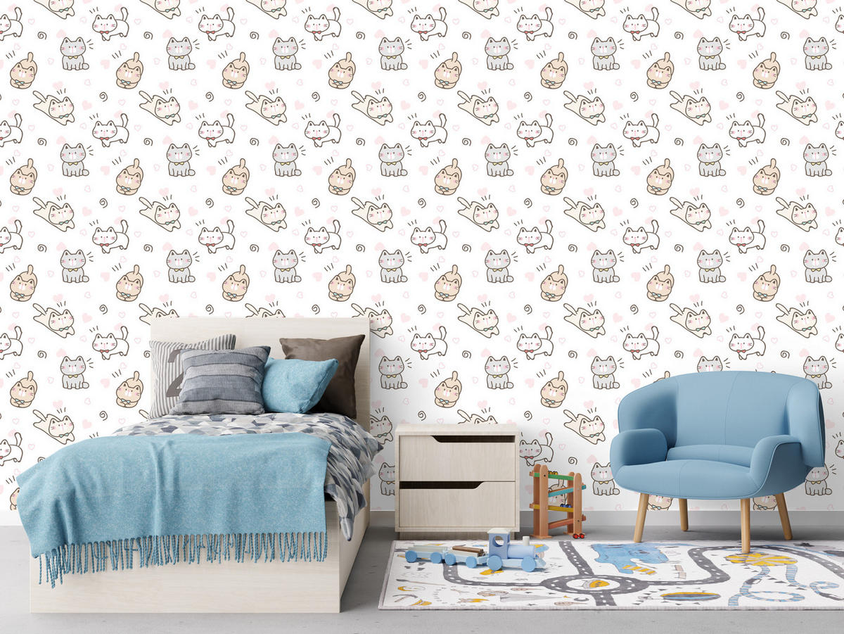 VLIESTAPETE Kätzchen und Herzen – Beige, Grau, Weiß – 50x1000 cm - Beige/Weiß, Papier (50/1000cm) - Muralo
