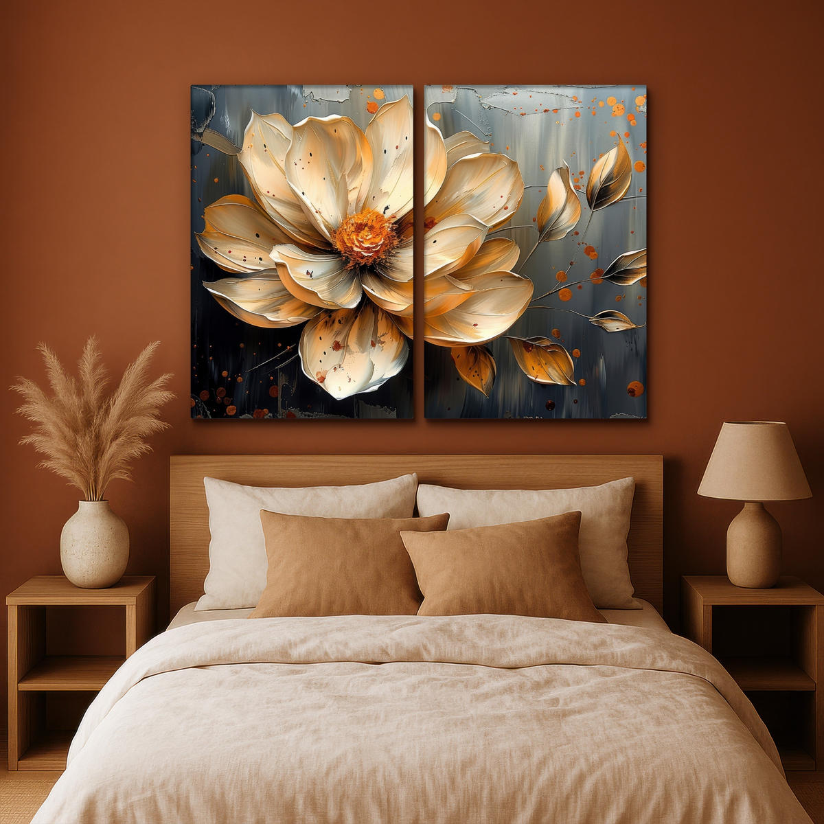 LEINWANDBILD 2er Set Blume - Gold - Abstrakt - Farbe 160x120 cm - Creme, Textil (160/120cm) - MuchoWow