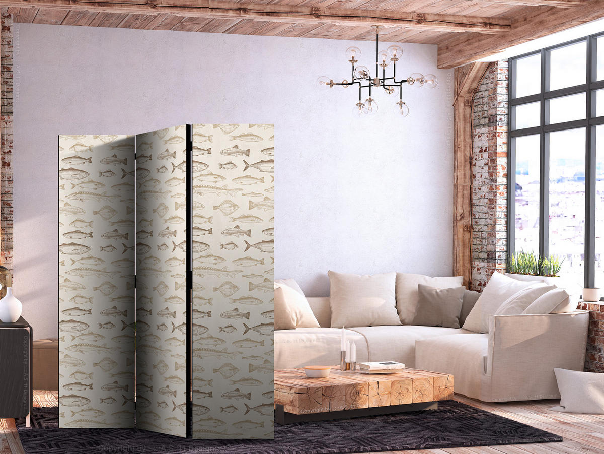 PARAVENT Akustik 3-tlg 135x172 cm Beige Fische Im Boho Stil - Beige, Holz/Textil (135/172/3cm) - Muralo