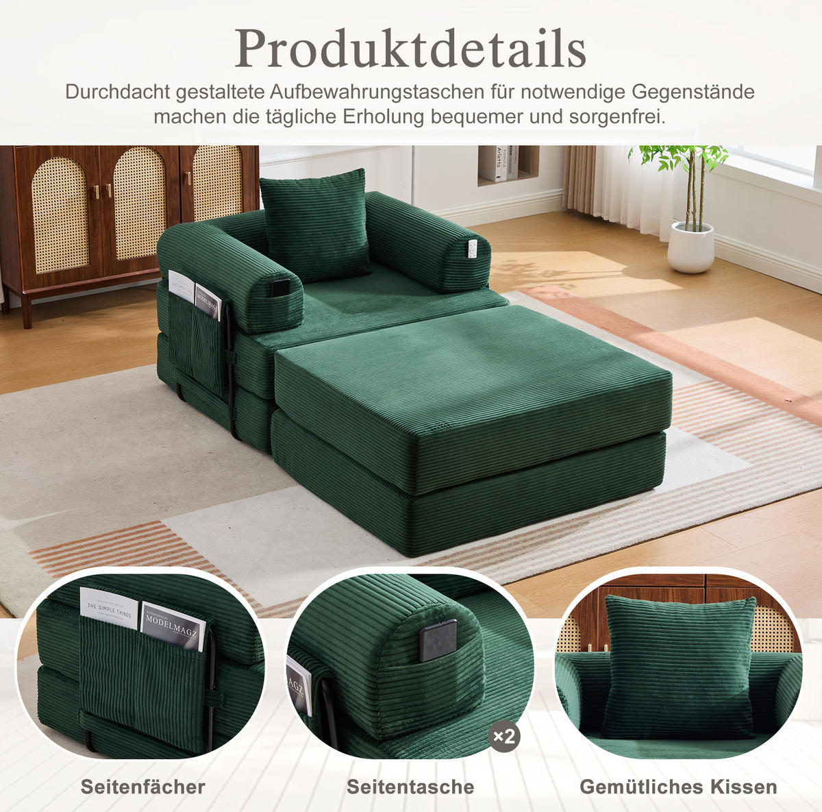 SCHLAFSESSEL aus Cord 112x190x67 cm Smaragdgrün mit Hocker, Seitentasche und Kissen - Smaragdgrün, Textil (112/67/190cm) - Modfu