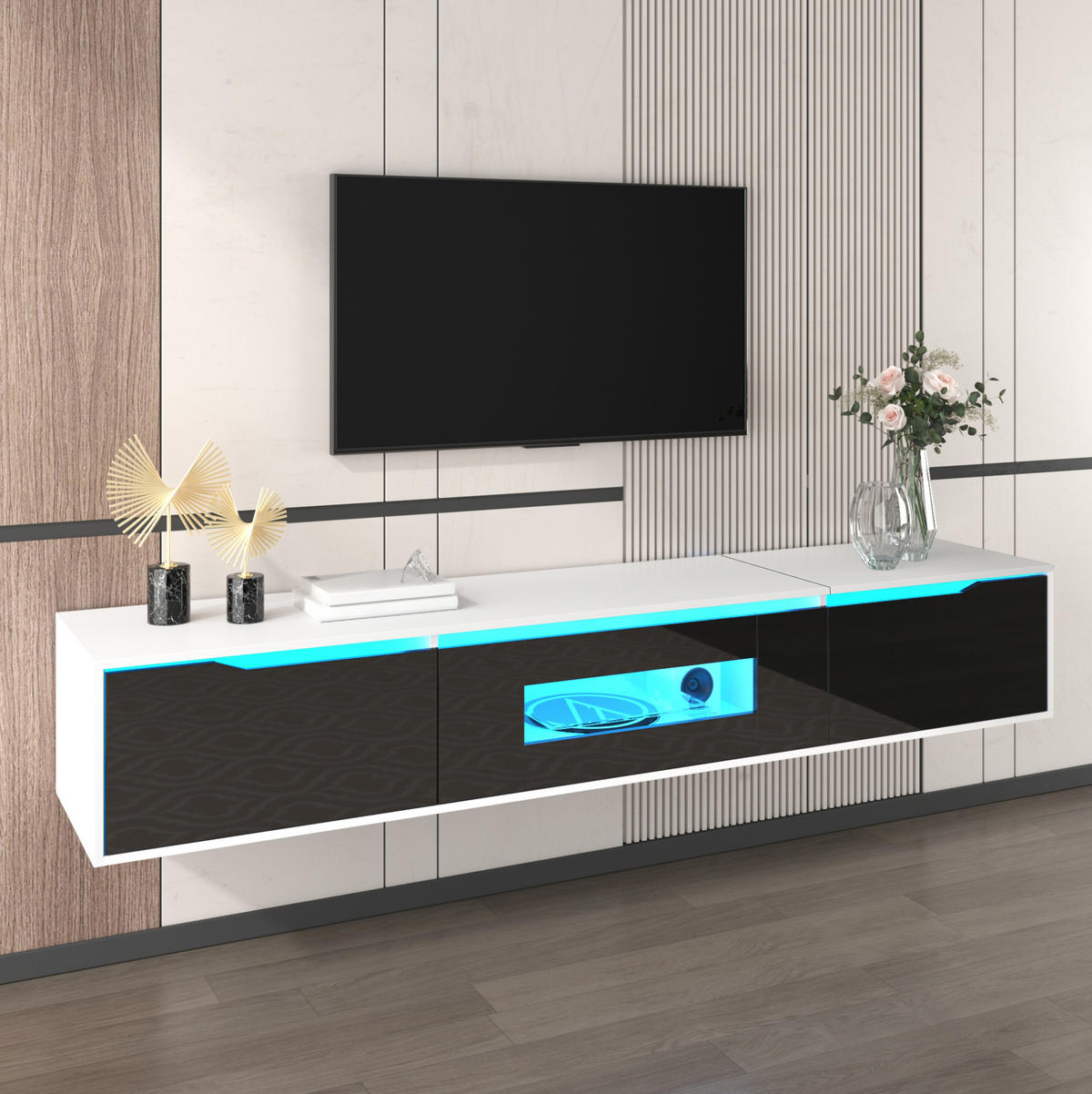 TV-SCHRANK aus Holzwerkstoff 180x35x30 cm Weiß/Schwarz mit LED-Beleuchtung und geriffelten Türen - Schwarz, Holzwerkstoff (180/35/30cm) - Modfu