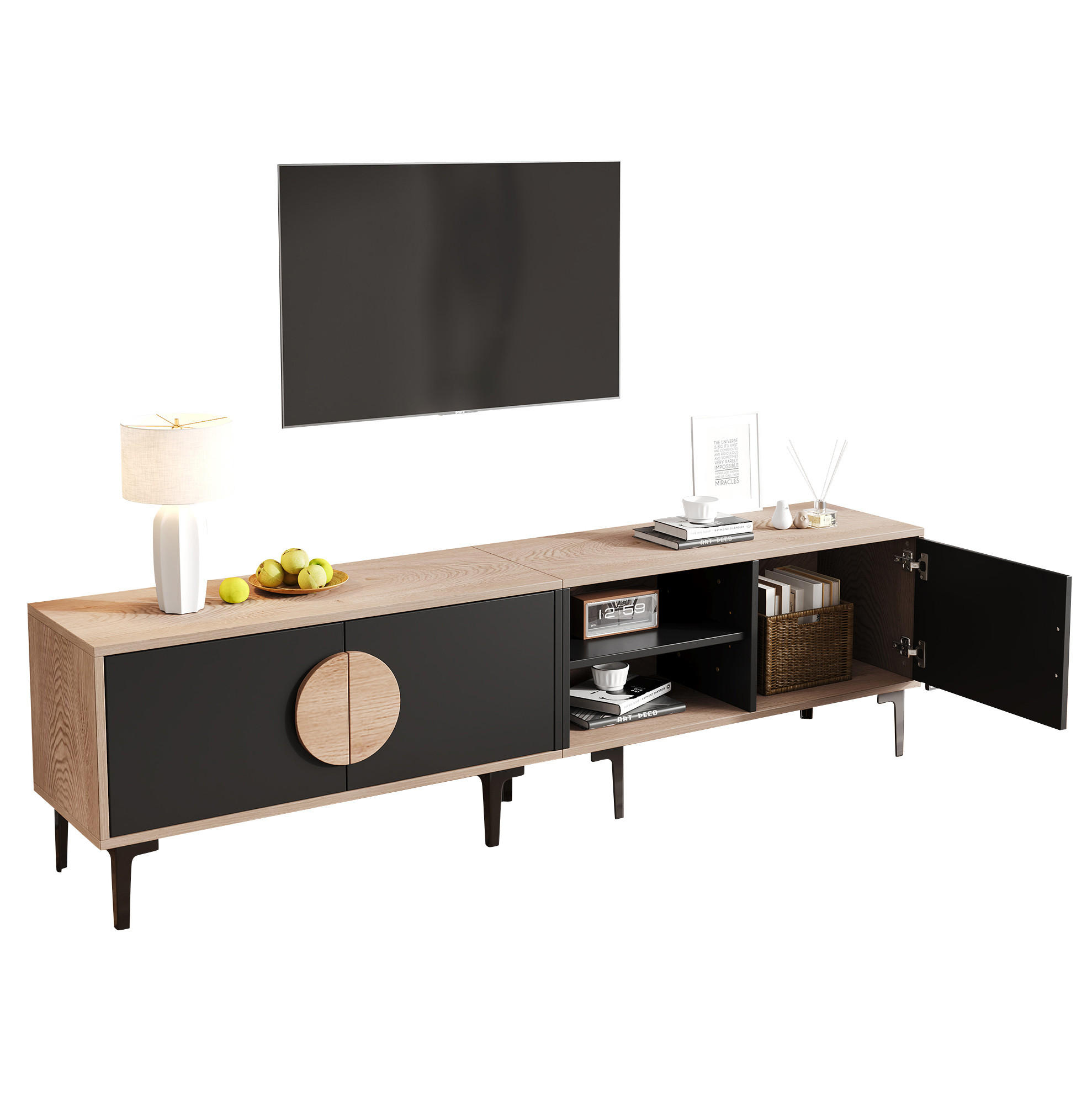 TV-LOWBOARD aus Spanplatte 180x35x49 cm Eichefarben/Schwarz mit 3 Türen und 2 offenen Fächern - Schwarz, Holzwerkstoff (180/49/35cm) - Modfu