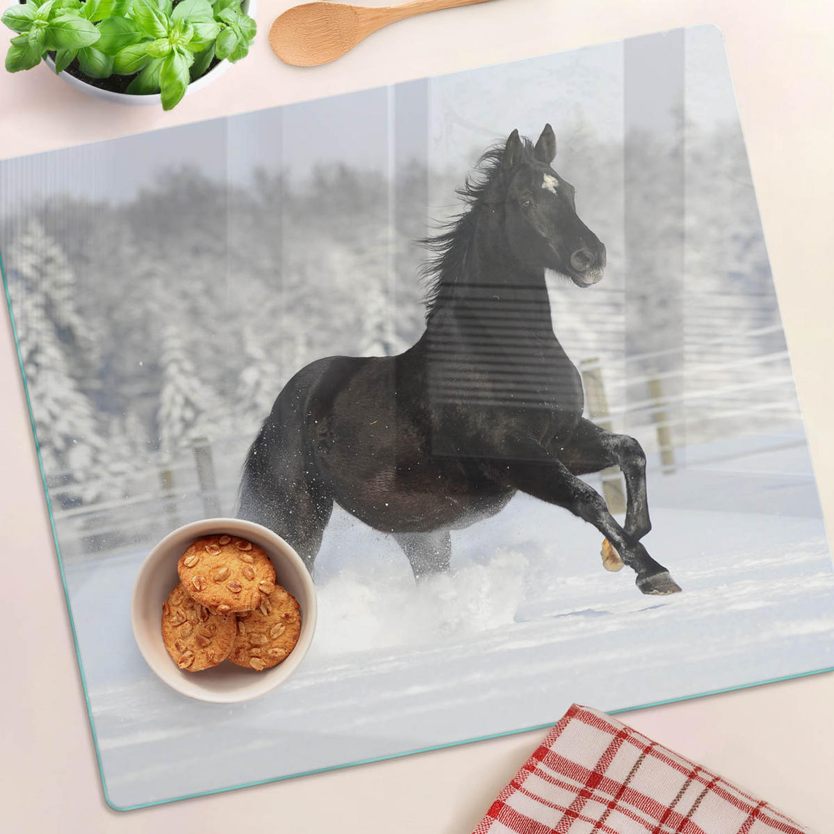 GLASPLATTE 60x52 cm Pferd Schnee - Braun, Glas (60/52cm) - TULUP