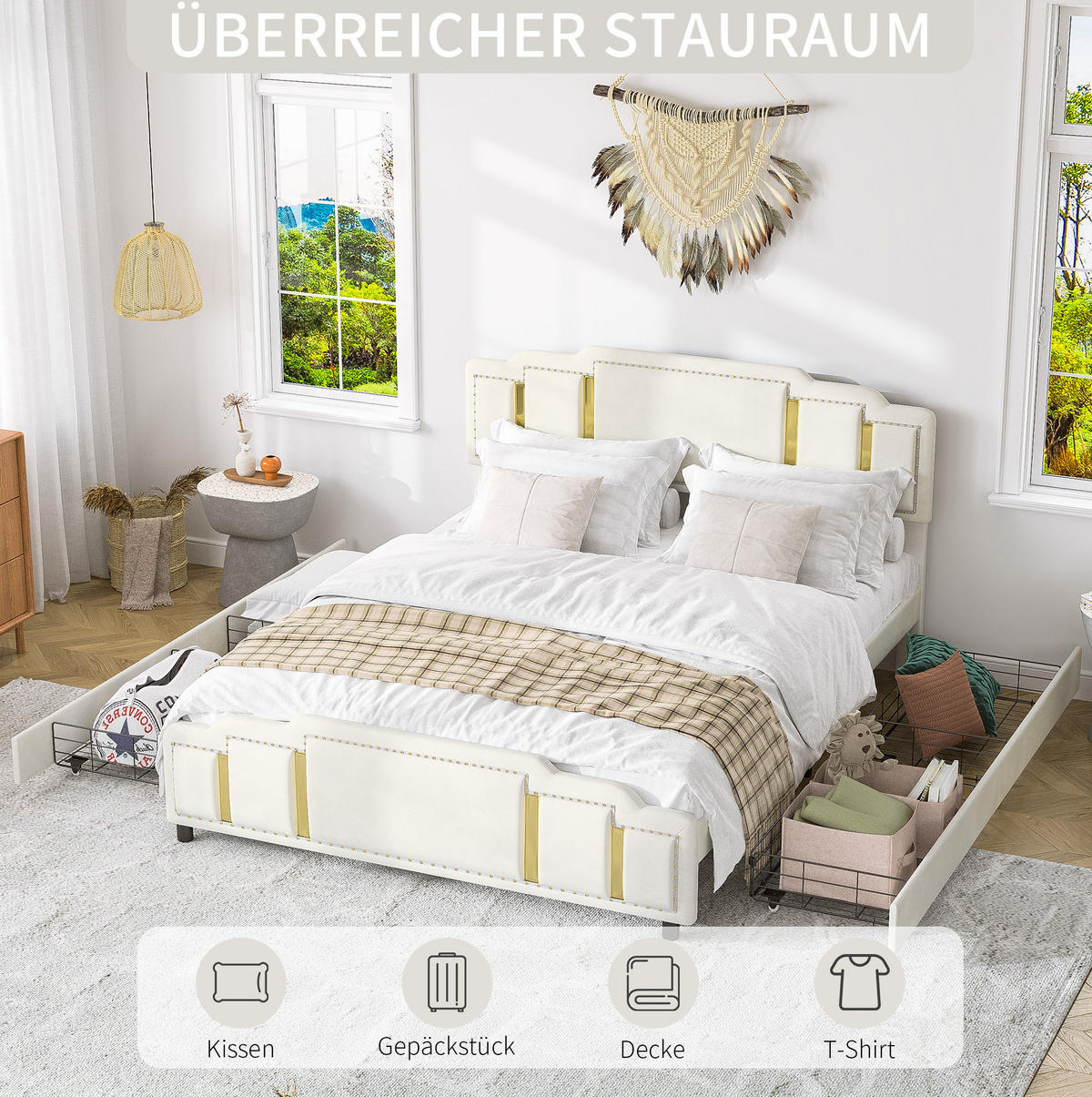 POLSTERBETT 140/200 cm Beige aus Samt mit LED - Beige, Textil (140/200cm) - OKMYHOME