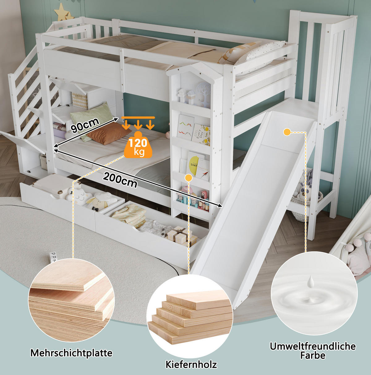POSCHODOVÁ posteľ 90/200 cm biela so šmykľavkou, schodmi s úložným priestorom a zásuvkami z borovice a MDF - biela, drevo (90/200cm) - OKWISH