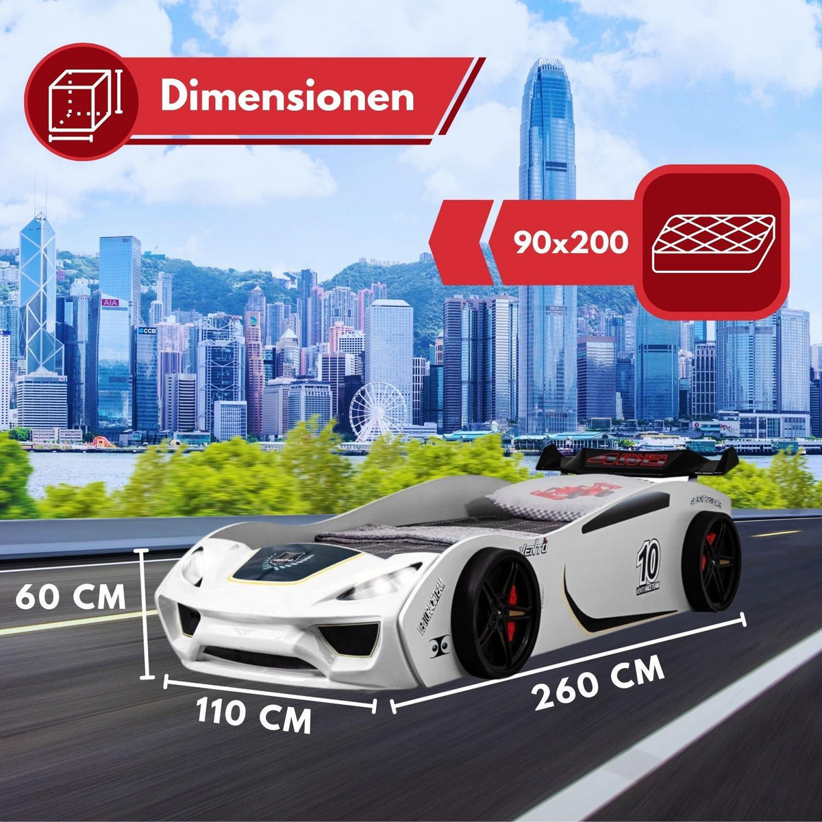 AUTOBETT VENTO Kinderbett in Weiß mit Lattenrost 260/106/60 cm - Weiß, Holzwerkstoff (90/200cm) - Coemo