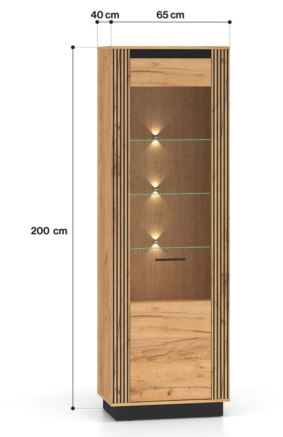 VITRINE Urso Gold Craft Eiche / Schwarz 65 / 40 / 200 cm - Eichefarben/Schwarz, Holz/Holzwerkstoff (65/200/40cm) - Feldmann-Wohnen