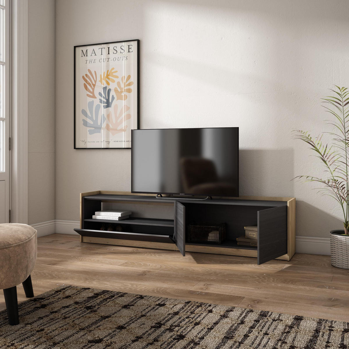 TV-SCHRANK, Lowboard, Schwarz Eiche, 207/37/50cm - Schwarz, Holzwerkstoff (207/50/37cm) - Skraut Home
