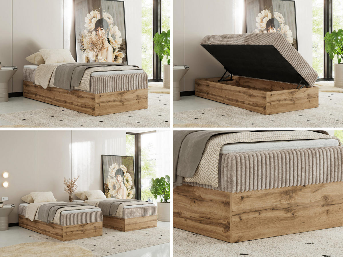 BOXBETT WOOD ZERO 90/200 - Hellbraun Cord - H3 - Topper Visco - Hellbraun, Textil (90/200cm) - MKS