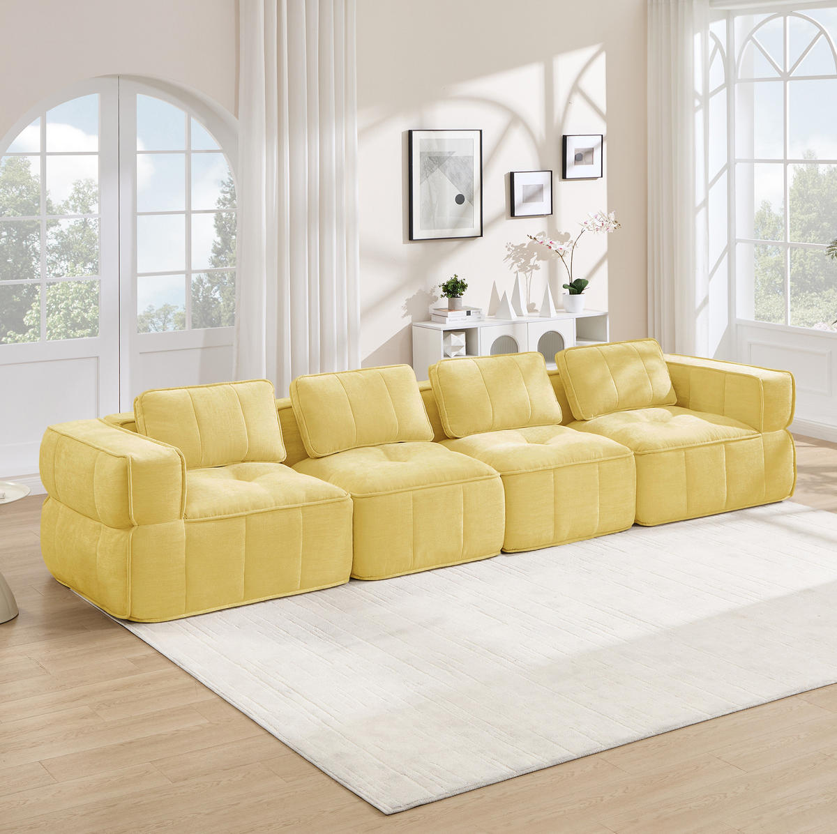 SOFA 344/93/67 cm in Gelb aus Polyester mit modularer Form und breiten Armlehnen - Gelb, Kunststoff (93/67/344cm) - Flora Grace