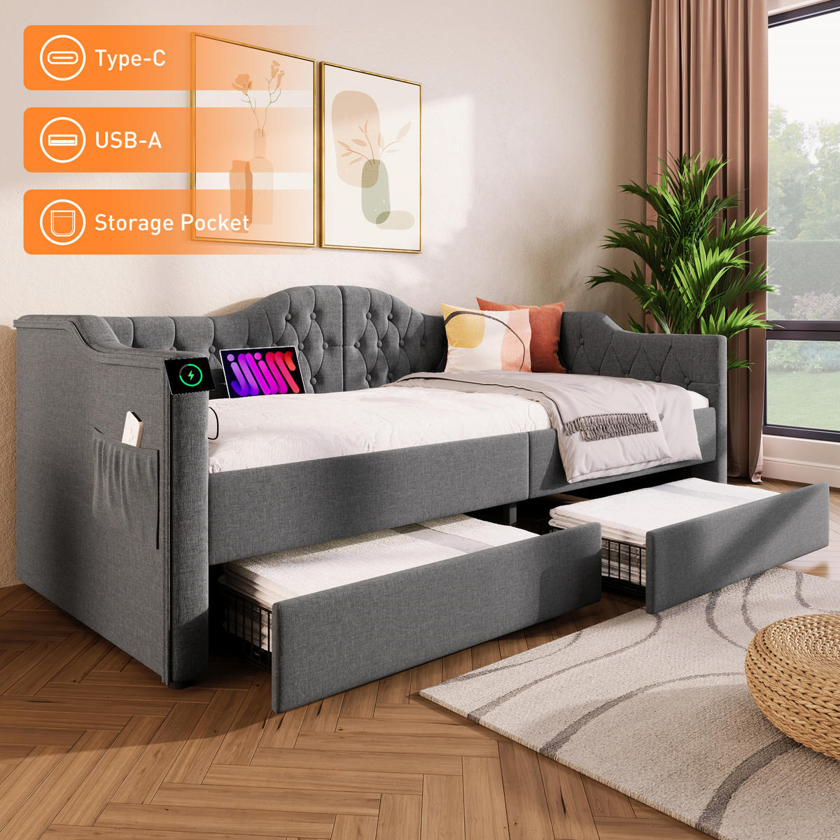 POLSTERBETT 90/190 cm in Grau Leinen mit 2 Schubladen, USB und Type-C - Dunkelgrau, Holzwerkstoff/Textil (90/190cm) - WISHDOR