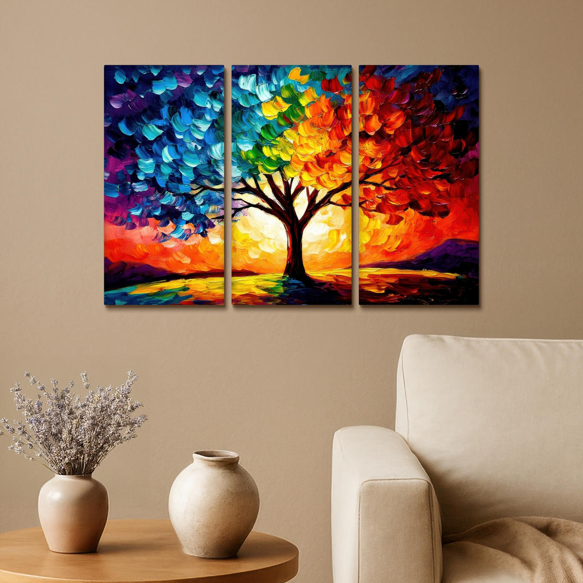 LEINWANDBILD 3er Set Baum - Farbenfroh - Malerei-Look - Abstrakt 60x40 cm - Multicolor, Textil (60/40cm) - MuchoWow
