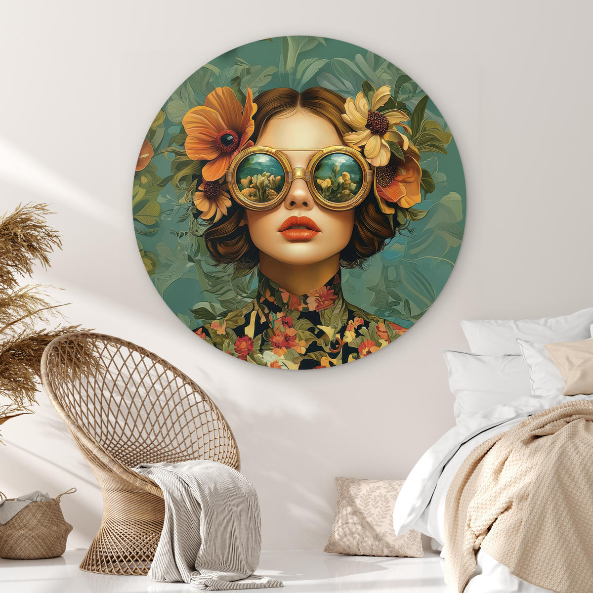NÁSTĚNNÝ OBRAZ Žena - Květiny - Motýli - Příroda - Vintage 140x140 cm - petrolejová, plast (140/140cm) - MuchoWow
