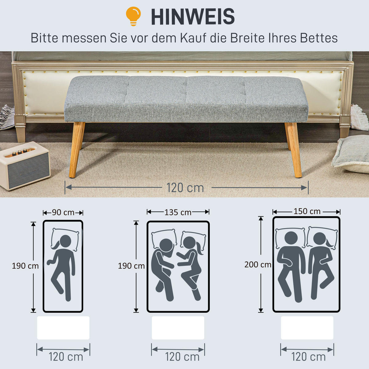 SITZBANK, Polsterbank mit Leinenoptik, Holzbeine 120 x 41 x 43 cm, Grau - Grau, Kunststoff (41/43/120cm) - HOMCOM