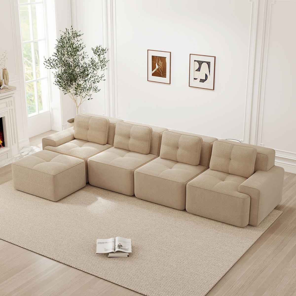 SOFA modular 4-Sitzer mit Chaiselongue Tiefsitz Cord Beige - Beige, Kunststoff (177/382.1cm) - Meubliv