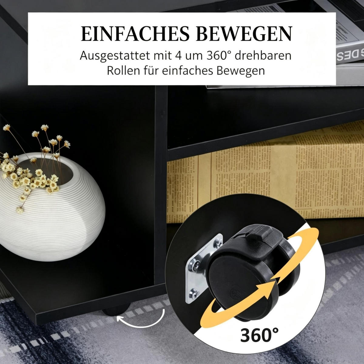 COUCHTISCH DE-40513 Auf Rollen mit zweistufigen offenen Regalen Schwarz - Schwarz, Holzwerkstoff (40/80/40cm) - ComfortXL