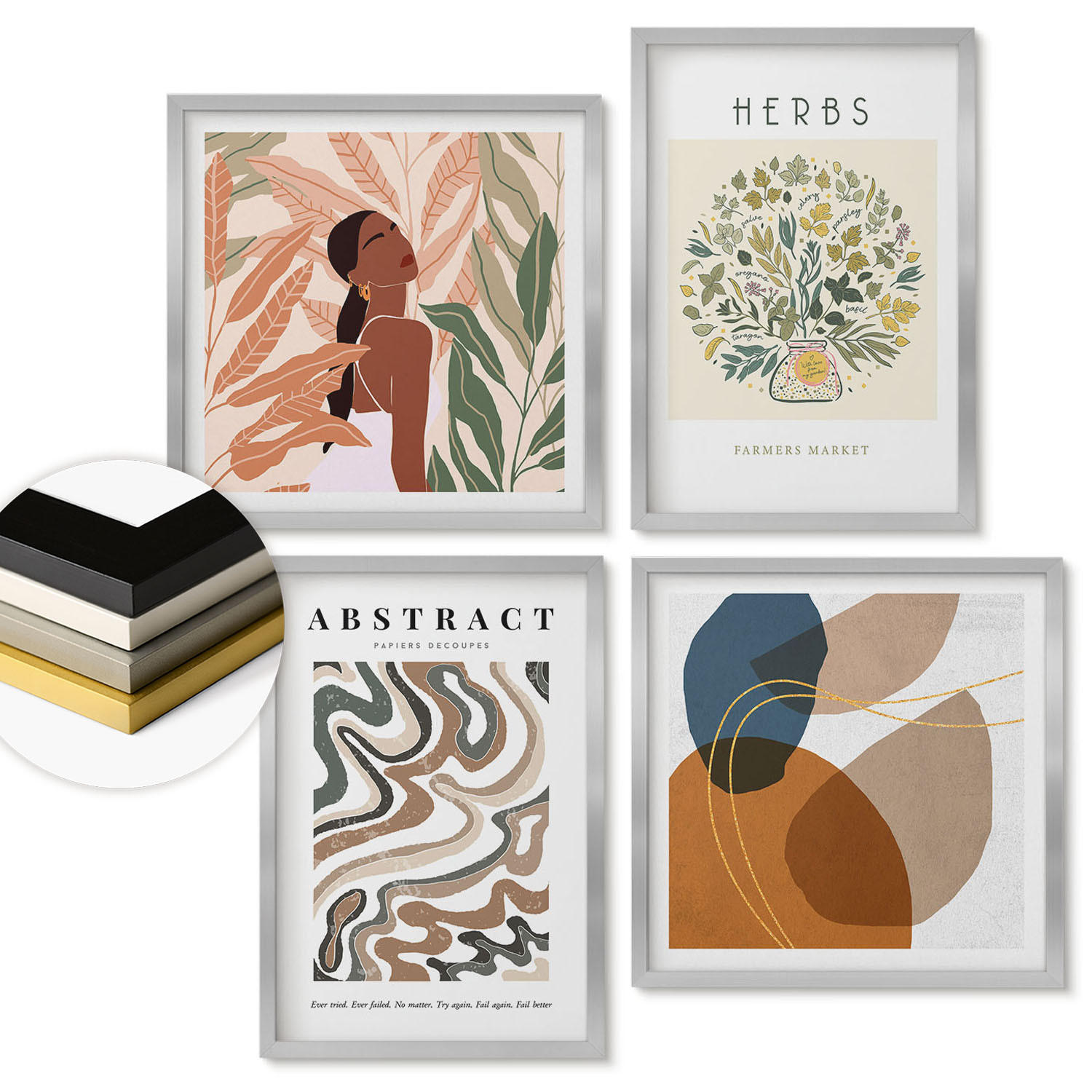 WANDBILDER 4er Set - 50x50 cm & 40x60 cm Silberner Rahmen - Boho-Ästhetik, Pastellposter - Silberfarben, Kunststoff (50/50cm) - ArtPrintCave