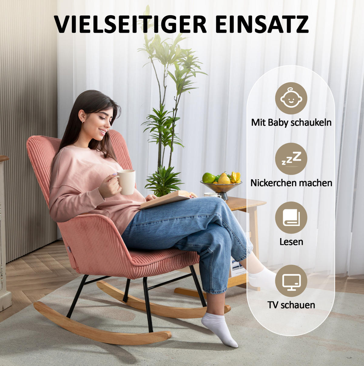 SCHAUKELSTUHL Polyester Kordoptik mit Armlehnen 71/98/101 cm Rosa - Rosa, Textil (98/101/71cm) - Redom