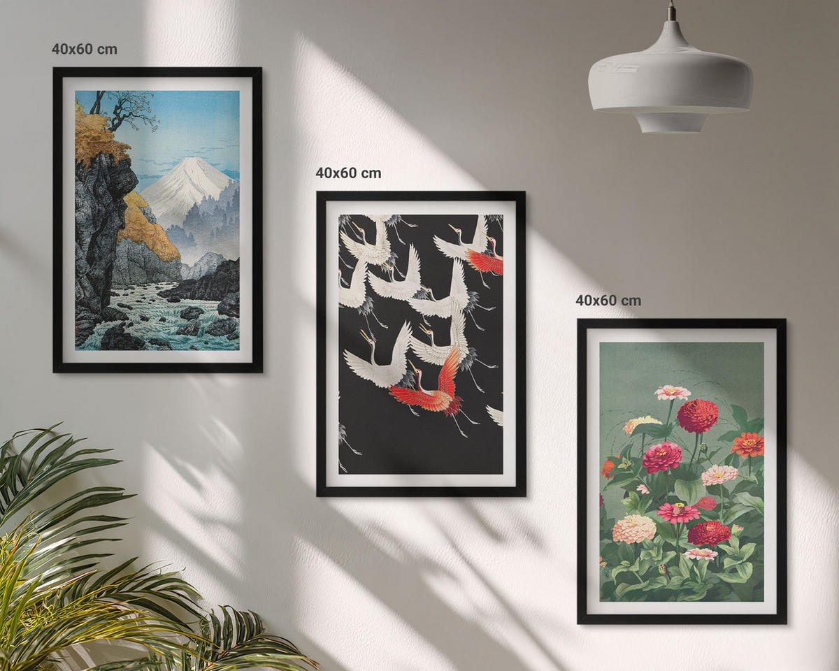BILDER SET 3er Set - 40x60 cm Schwarzer Rahmen - Berge, Wasserfälle, Vögel, Blumen - Schwarz, Kunststoff (40/60cm) - TULUP