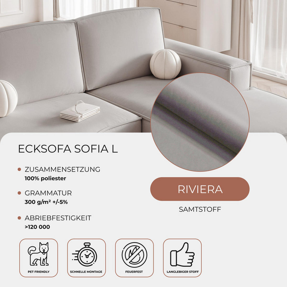 ECKSOFA SOFIA Veloursstoff in Grau - Grau, Holzwerkstoff/Kunststoff (210/157cm) - Idohome
