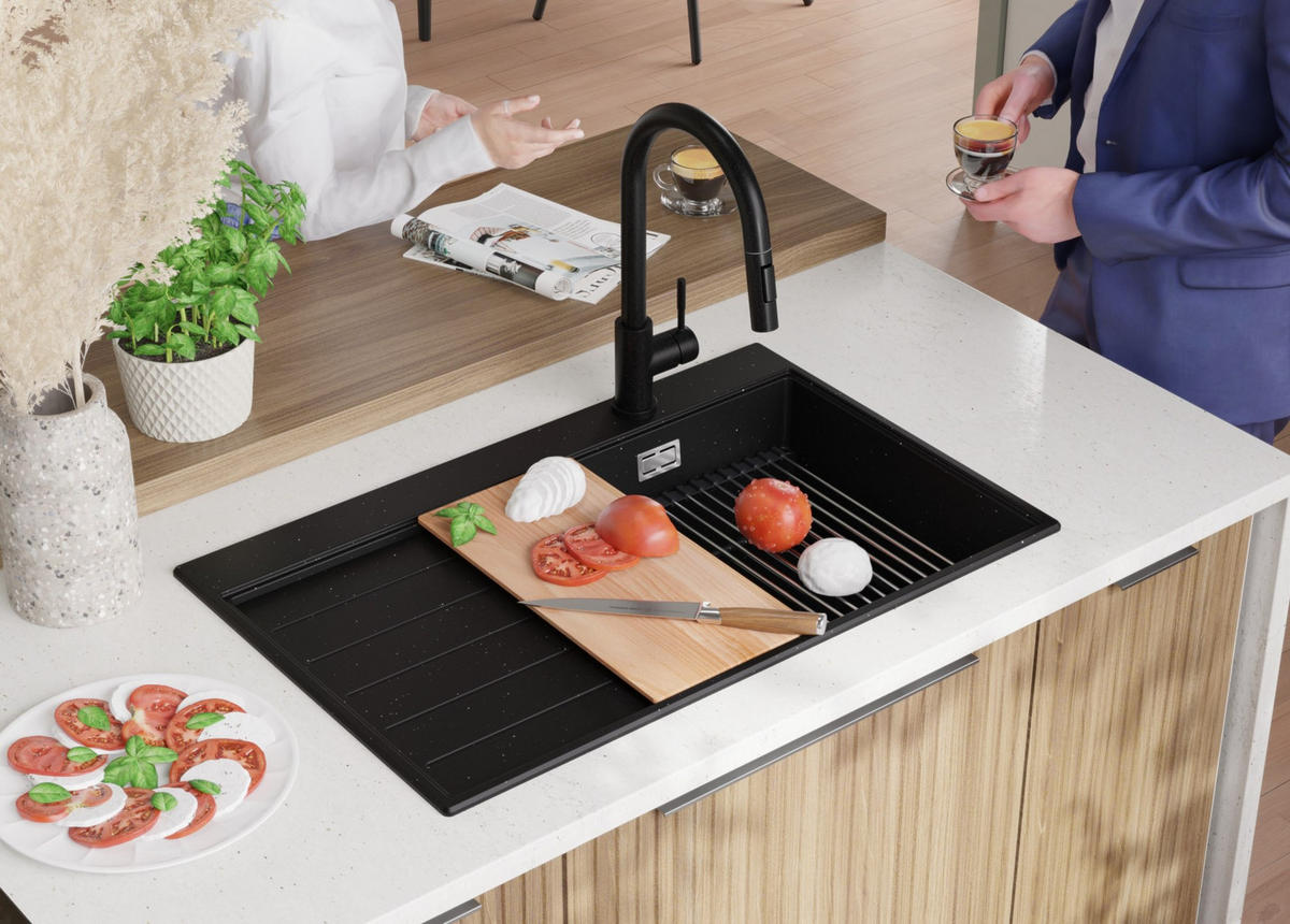 SPÜLBECKEN Sydney, 2-er set Schwarz Metallic 78/50 cm 1 Becken + Ablauf-Set + Küchenzubehörset ab 45er Unterschrank - Chromfarben/Schwarz Hochglanz, Kunststoff (78/20/50cm) - Primagran