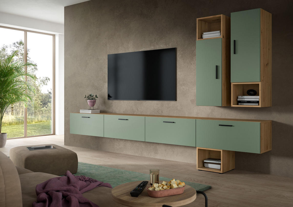 WOHNWAND Primo 6 tlg. (B/H/T: ca. 300/178/34 cm) in Artisan Oak /Smoke Green - Eiche Artisan, Holzwerkstoff (300/178/34cm)