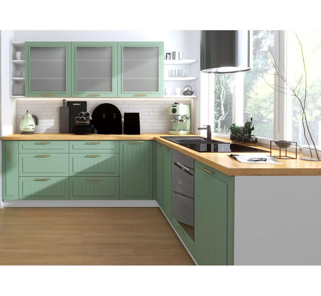 WINKELKÜCHE Livorno blassgrün matt / weiß matt 11-teilig mit Vollauszug (HETTICH InnoTech Atira) - Weiß/Grün, Holzwerkstoff/Metall (240/207/266cm) - Feldmann-Wohnen