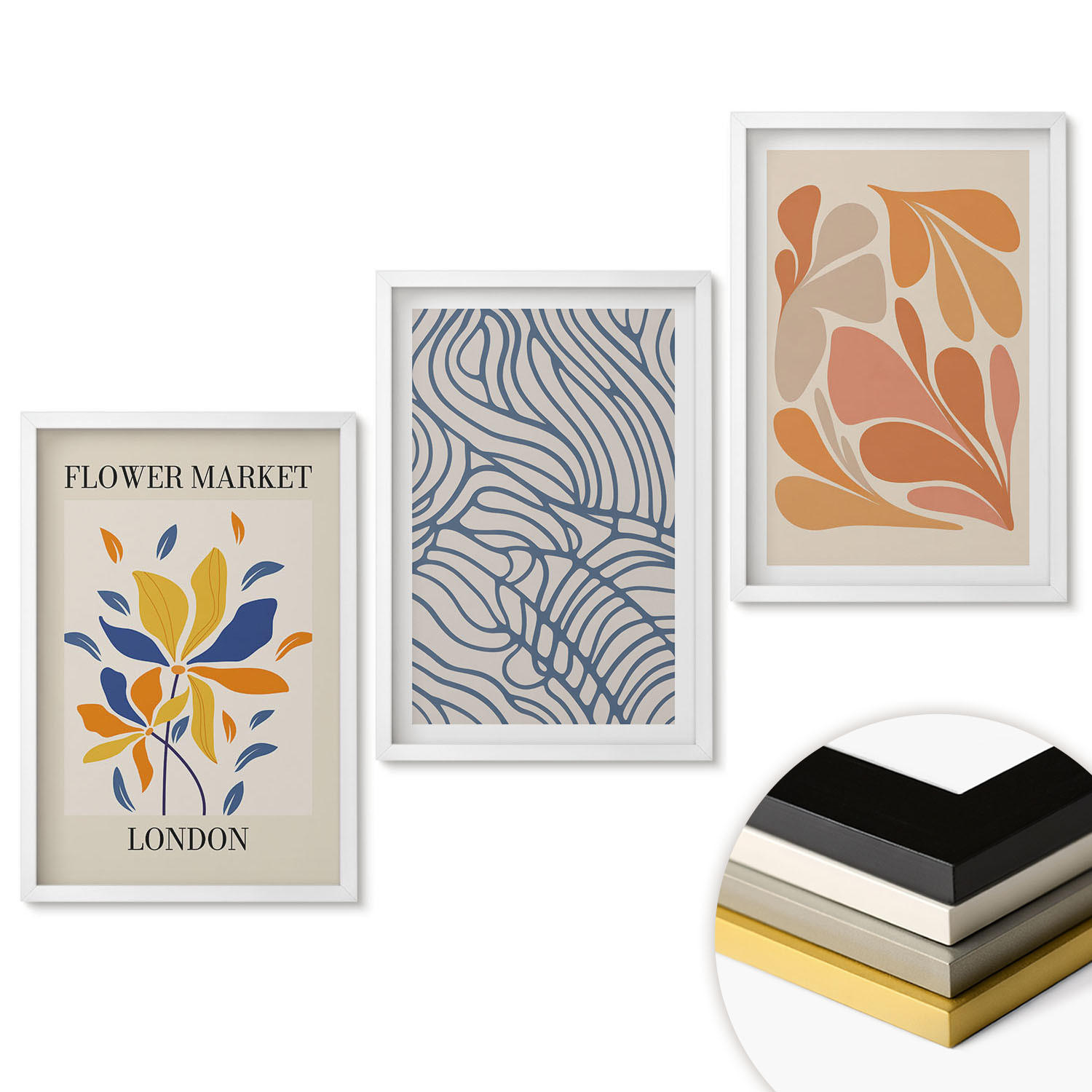 WANDBILDER 3er-Set - 40x60 cm Weißer Rahmen - Moderne abstrakte Blumen - Weiß, Kunststoff (40/60cm) - ArtPrintCave