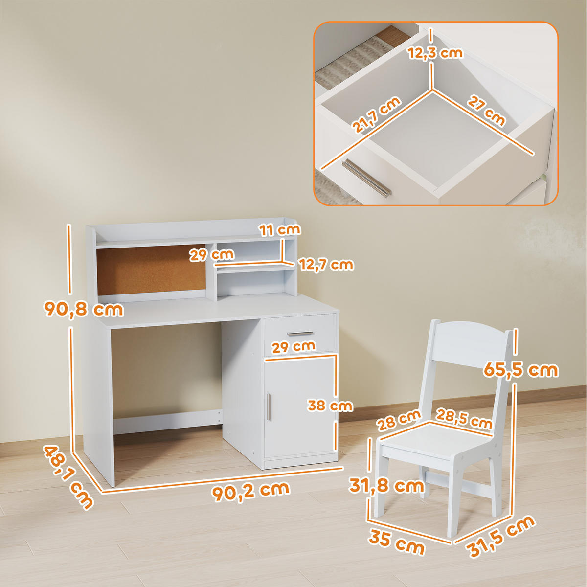 SCHREIBTISCH-SET DE-17563 mit Schrank, Schublade und Korktafel Weiß - Weiß, Holzwerkstoff (90.2/90.8/48.1cm) - ComfortXL