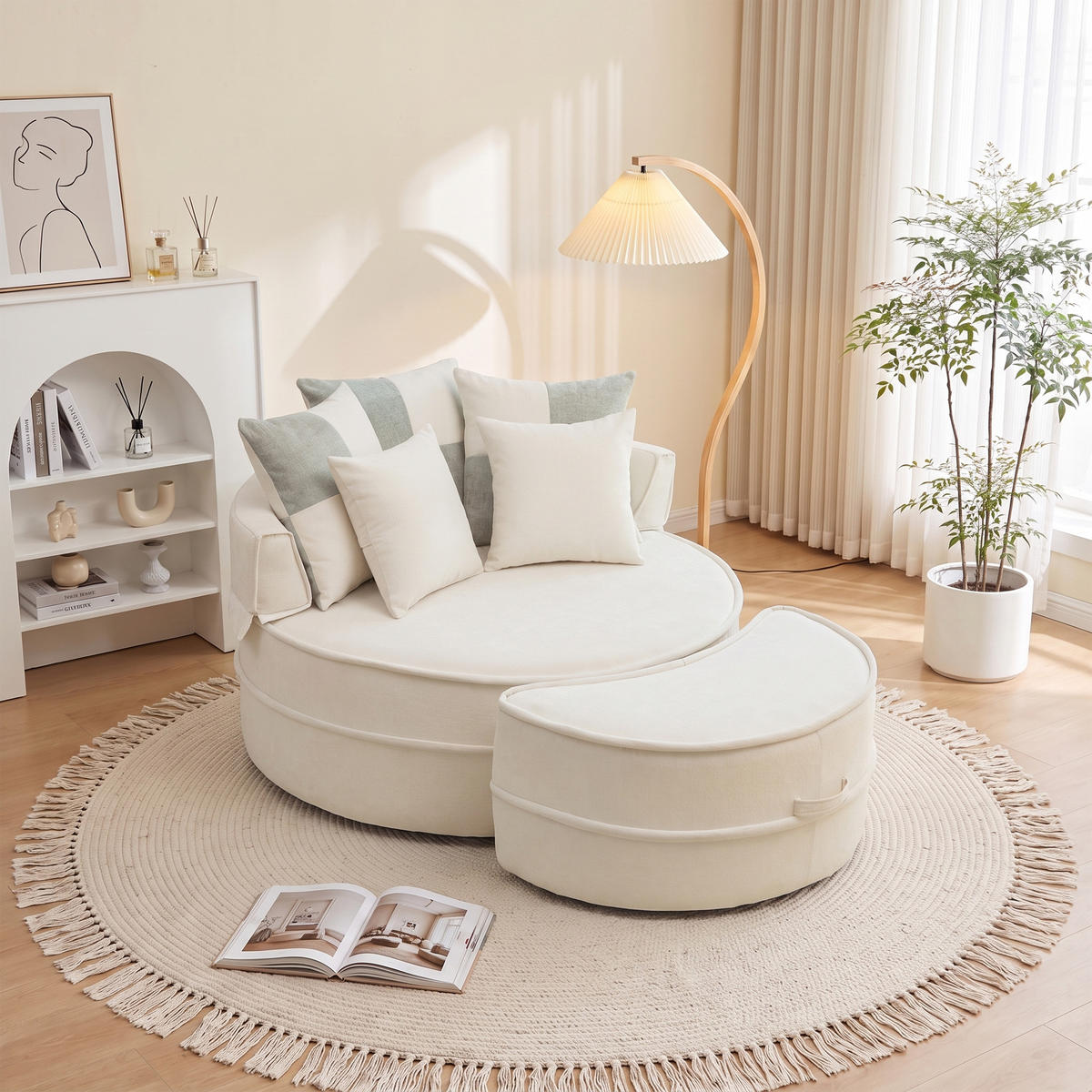 XXL-SESSEL DE-35026 mit Hocker und 5 Kissen Beige - Beige, Textil (121/66/163cm) - ComfortXL