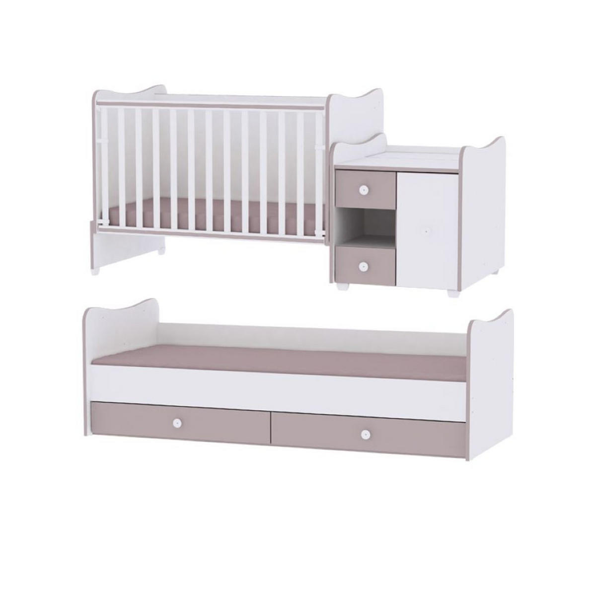 BABYBETT Mini Max 3 in 1 weiß 120 x 60 cm, Jugendbett 190 x 72 cm, Wickelkommode, Schaukelfunktion - Weiß, Holzwerkstoff (72/190cm) - Lorelli