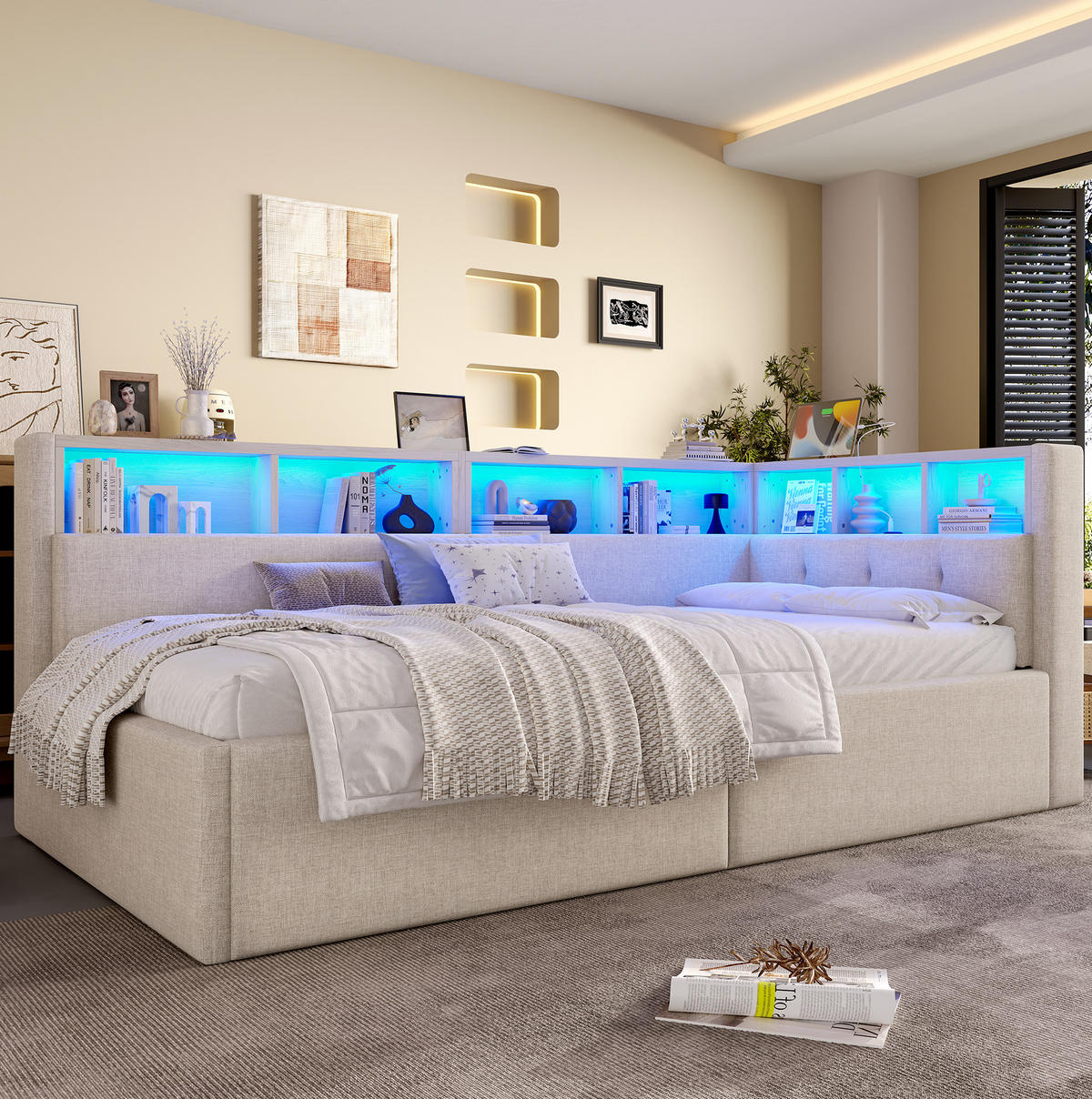 DENNÁ posteľ 90/200 cm béžová z ľanu a MDF s LED osvetlením, úložným priestorom a USB/USB-C - béžová, textil (90/200cm) - OKWISH