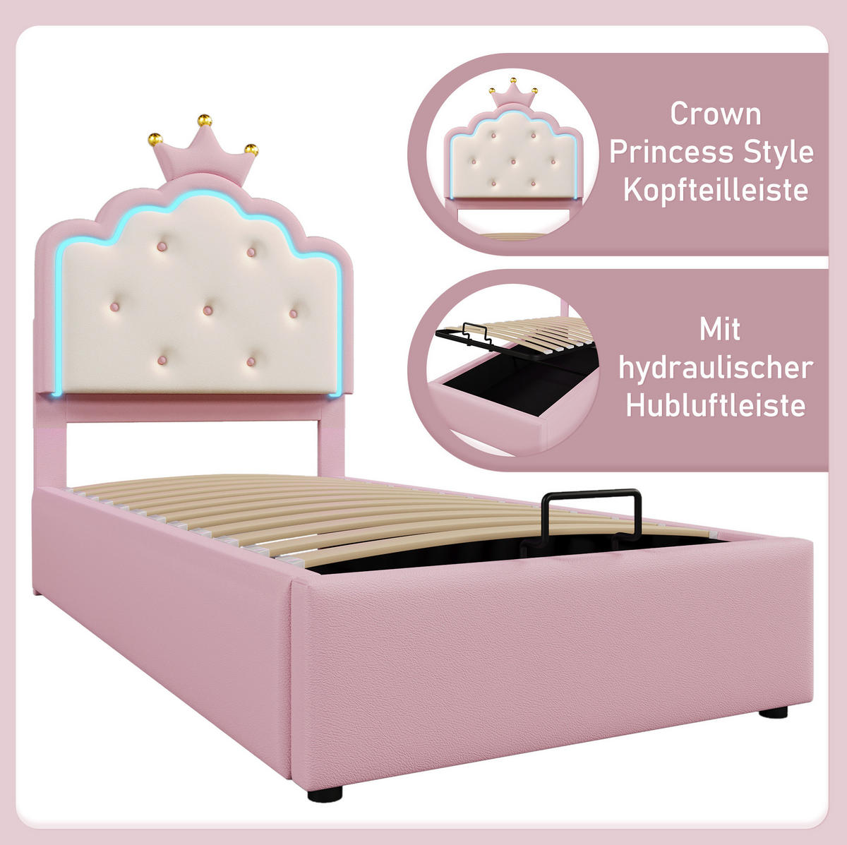 POLSTERBETT aus PU 90x200 cm Rosa mit LED-Ambientelicht, Lattenrost und hydraulischem Stauraum im Kronen-Design - Rosa, Kunststoff (90/200cm) - Modfu
