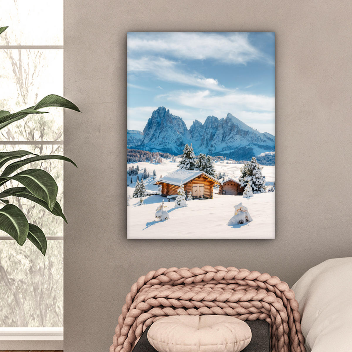 LEINWANDBILD Winter - Hütte - Berge - Aussicht - Schnee 60x80 cm - Eichefarben, Textil (60/80cm) - MuchoWow