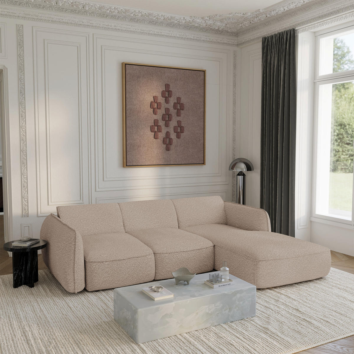 ECKSOFA RECHTS Bouclé-Stoff 274cm - Beige, Textil (274/174cm) - Sia Home