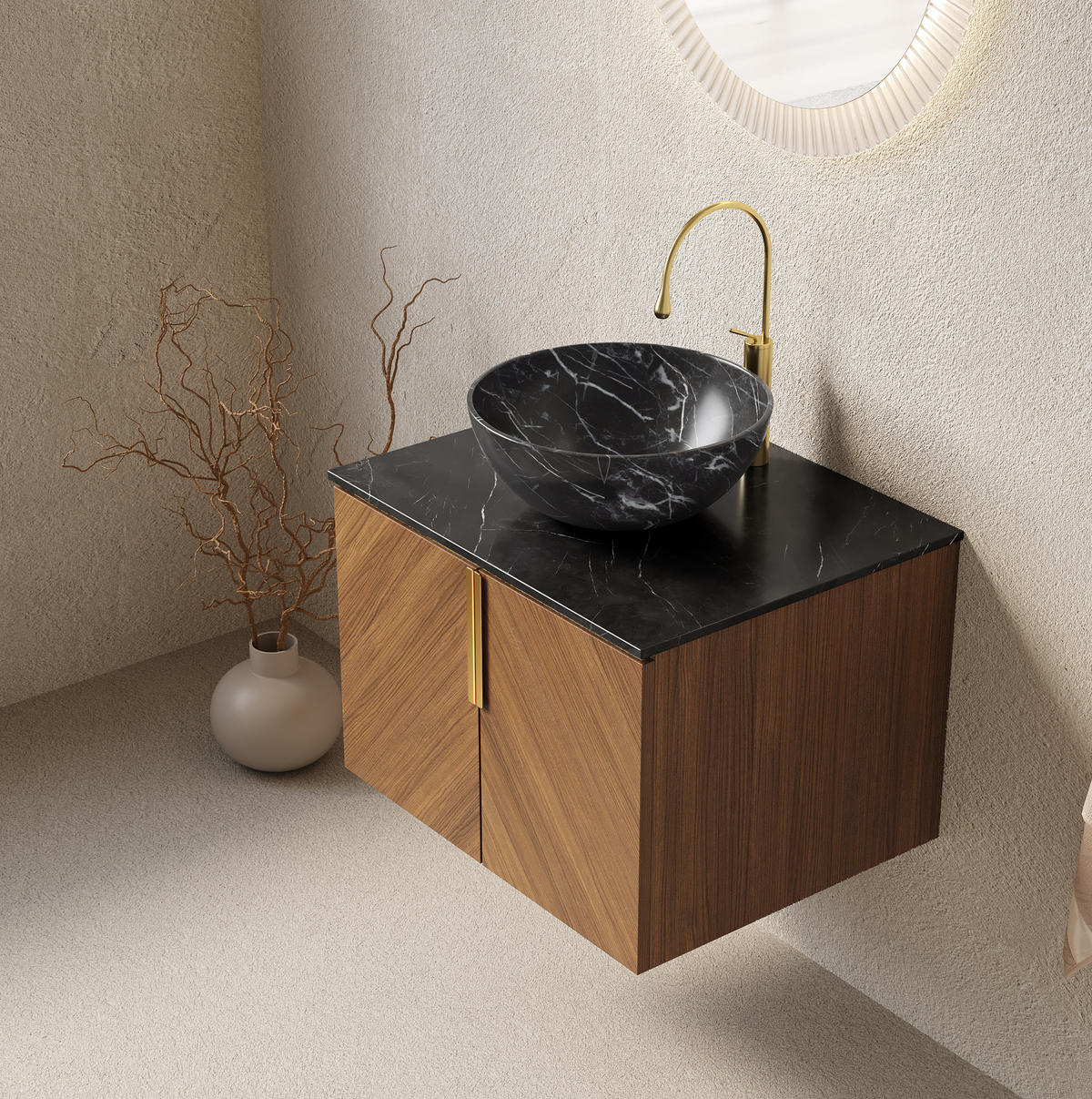 WASCHTISCH mit Unterschrank 61 cm Schwarz/Braun Eiche - Schwarz, Holzwerkstoff (50/55.1/61cm) - Beauniv