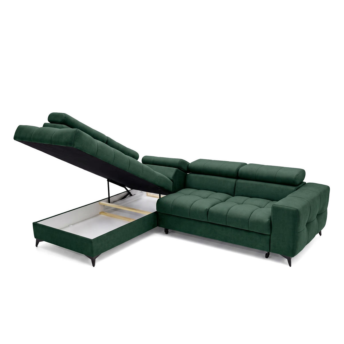 ECKSOFA PUDDING L Links mit Schlaffunktion 125x195 Velours Grün - Schwarz/Grün, Holz/Textil (203/275cm) - Muffo