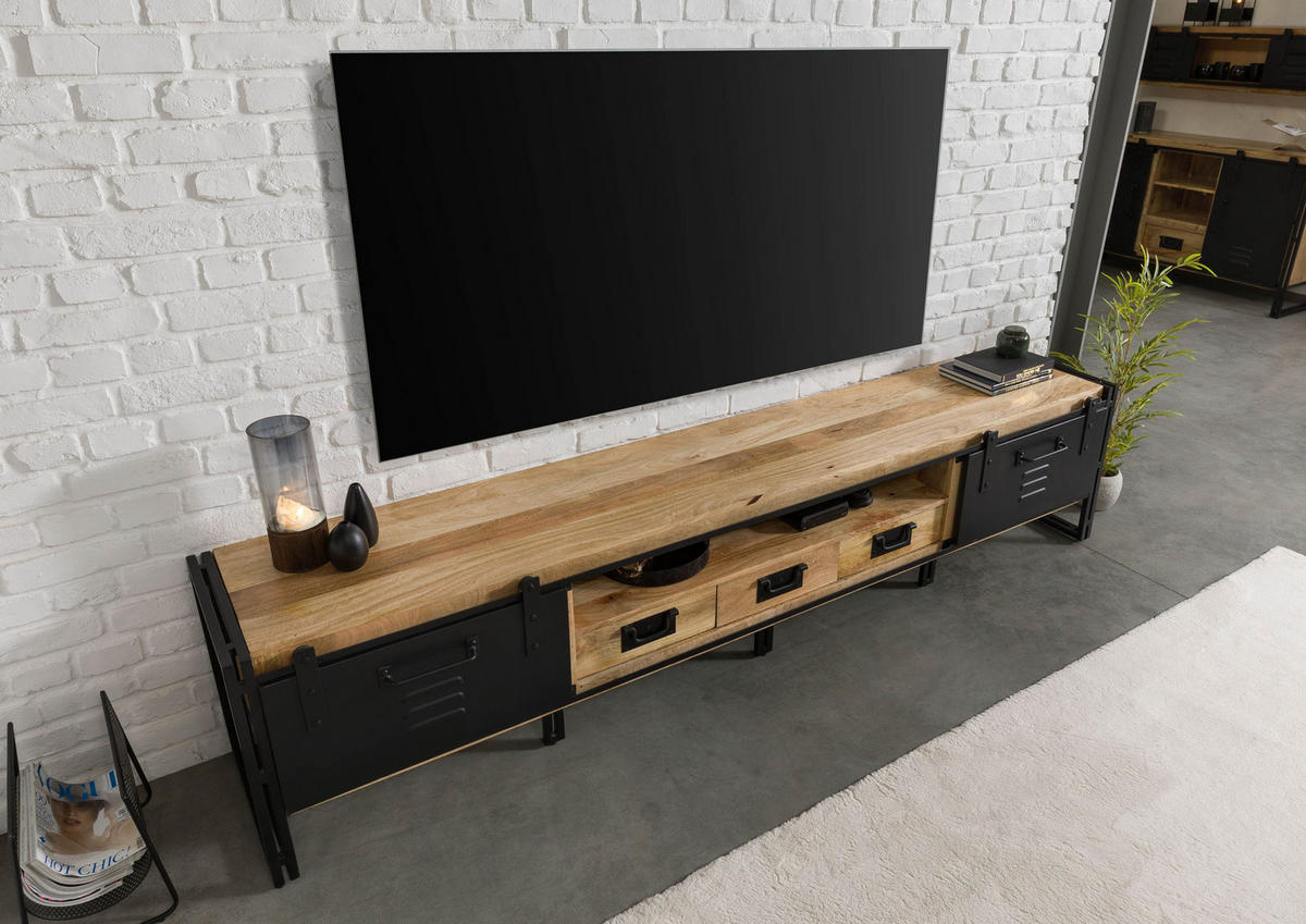 TV-BOARD Mango 260x45x55 natur klar lackiert / Metall schwarz BLACKBURN #553 - Naturfarben, Holz (45/55/260cm) - Massivmoebel24