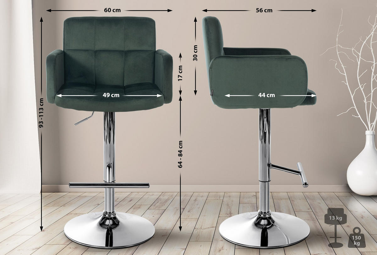 BARHOCKER Samt Dunkelgrün - Chromfarben/Dunkelgrün, Textil/Metall (60/93/56cm) - CLP