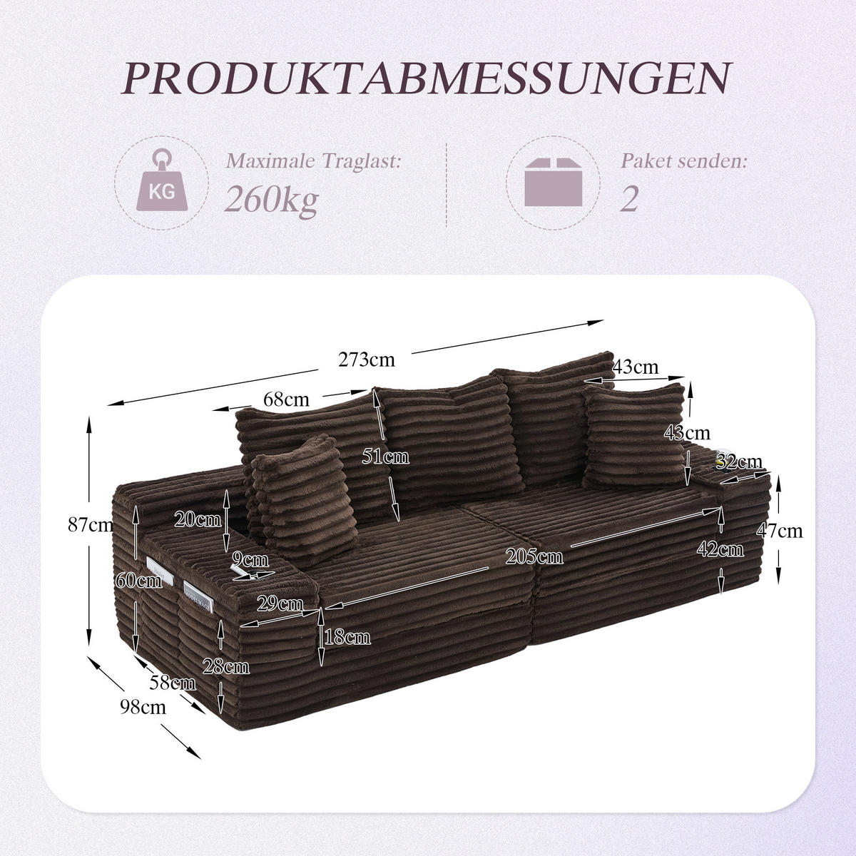 SCHLAFSOFA aus Cord mit Getränkehaltern und Kissen, Kaffeebraun - Mokka, Textil (107.48/34.25/38.58cm)