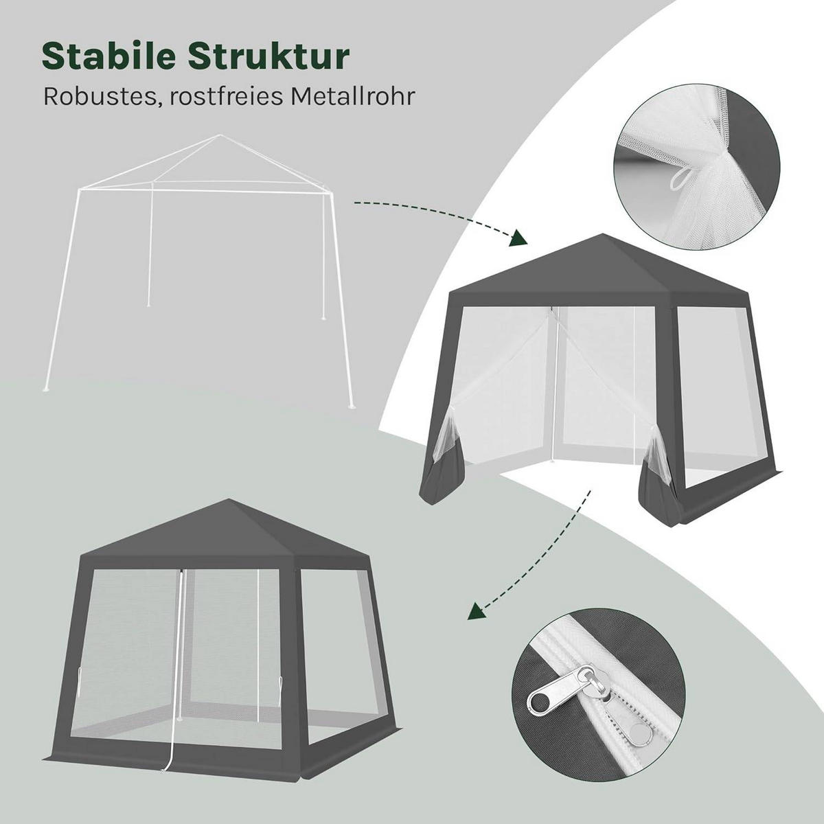 PAVILLON 3x3 m, Gartenpavillon mit Seitenwänden Moskitonetz - Grau, Metall (300/250/300cm) - Woltu