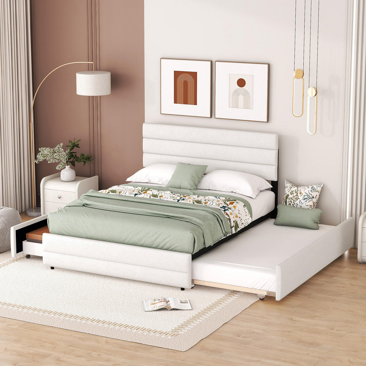 BETT mit Ausziehbett und 2 Schubladen 140x200 cm Leinen Beige - Beige, Holzwerkstoff (140/200cm) - Beauniv