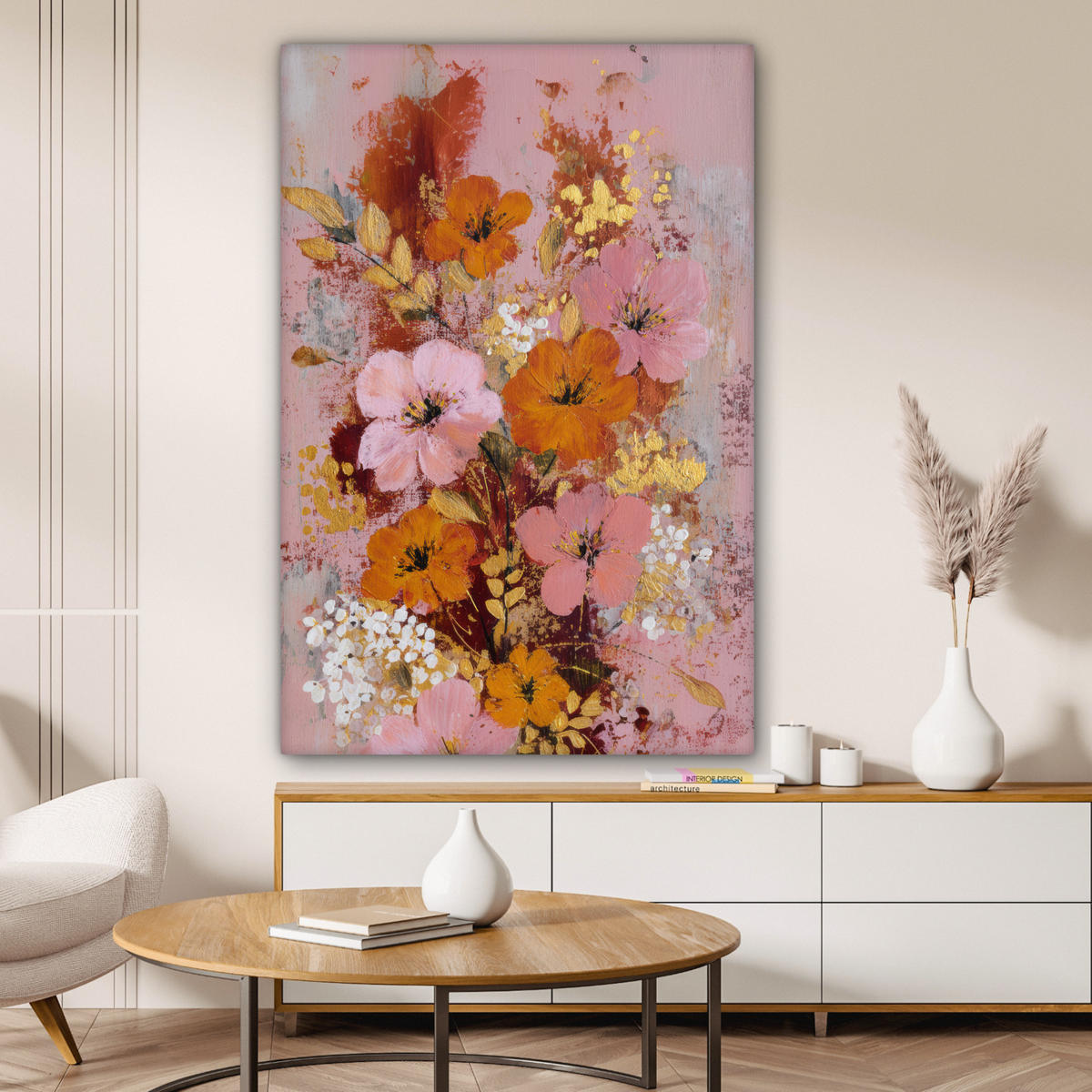 LEINWANDBILD Malerei - Blumen - Rustikal - Rosa Deko Groß 90x140 cm - Altrosa, Textil (90/140cm) - MuchoWow