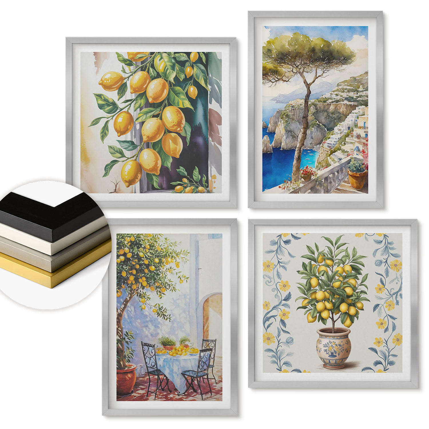 WANDBILDER 4er Set - 50x50 cm & 40x60 cm Silberner Rahmen - Zitronenbäume am Meer - Silberfarben, Kunststoff (50/50cm) - ArtPrintCave