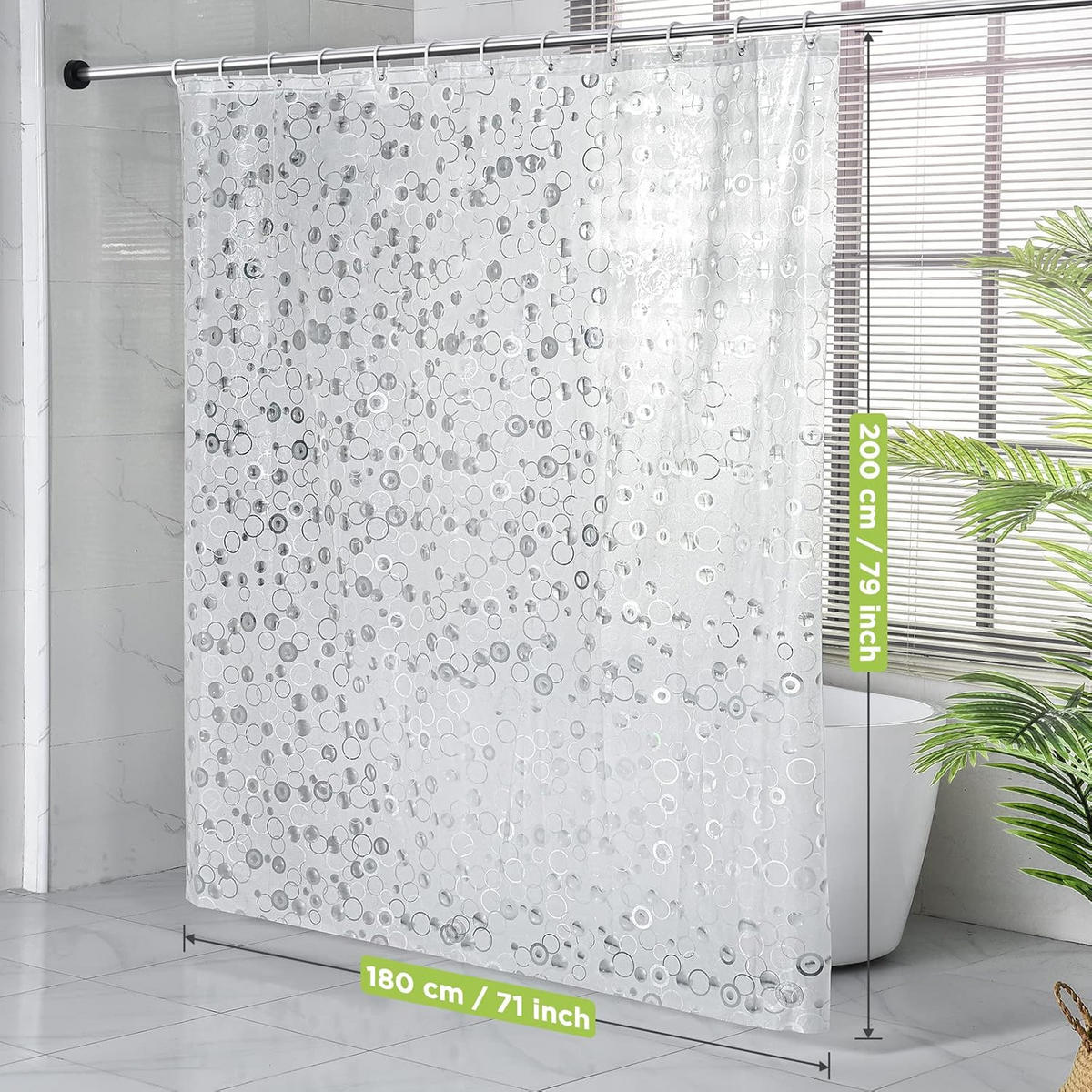 DUSCHVORHANG EVA transparent schimmelresistent wasserdicht mit Ringen - Transparent, Kunststoff (180/180cm) - MCBOSON