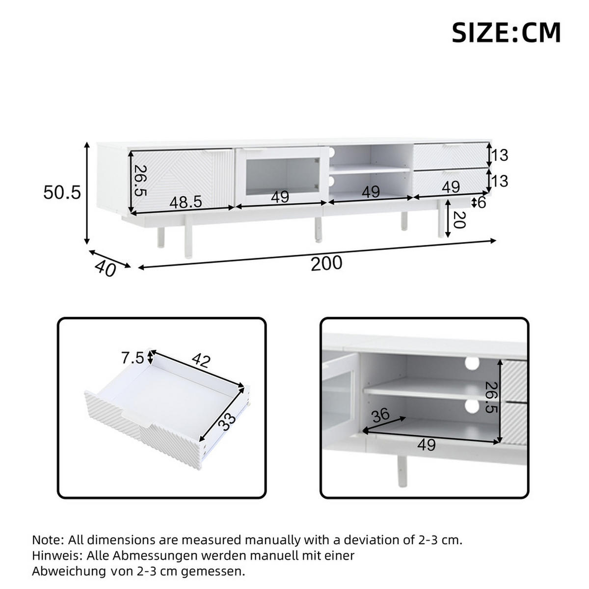 TV-SCHRANK 200x40cm Modern Weiß 2 Türen 2 Schubladen Stauraum bis 80 Zoll - Weiß, Holz (46.02/19.3/71.12cm) - FLIEKS