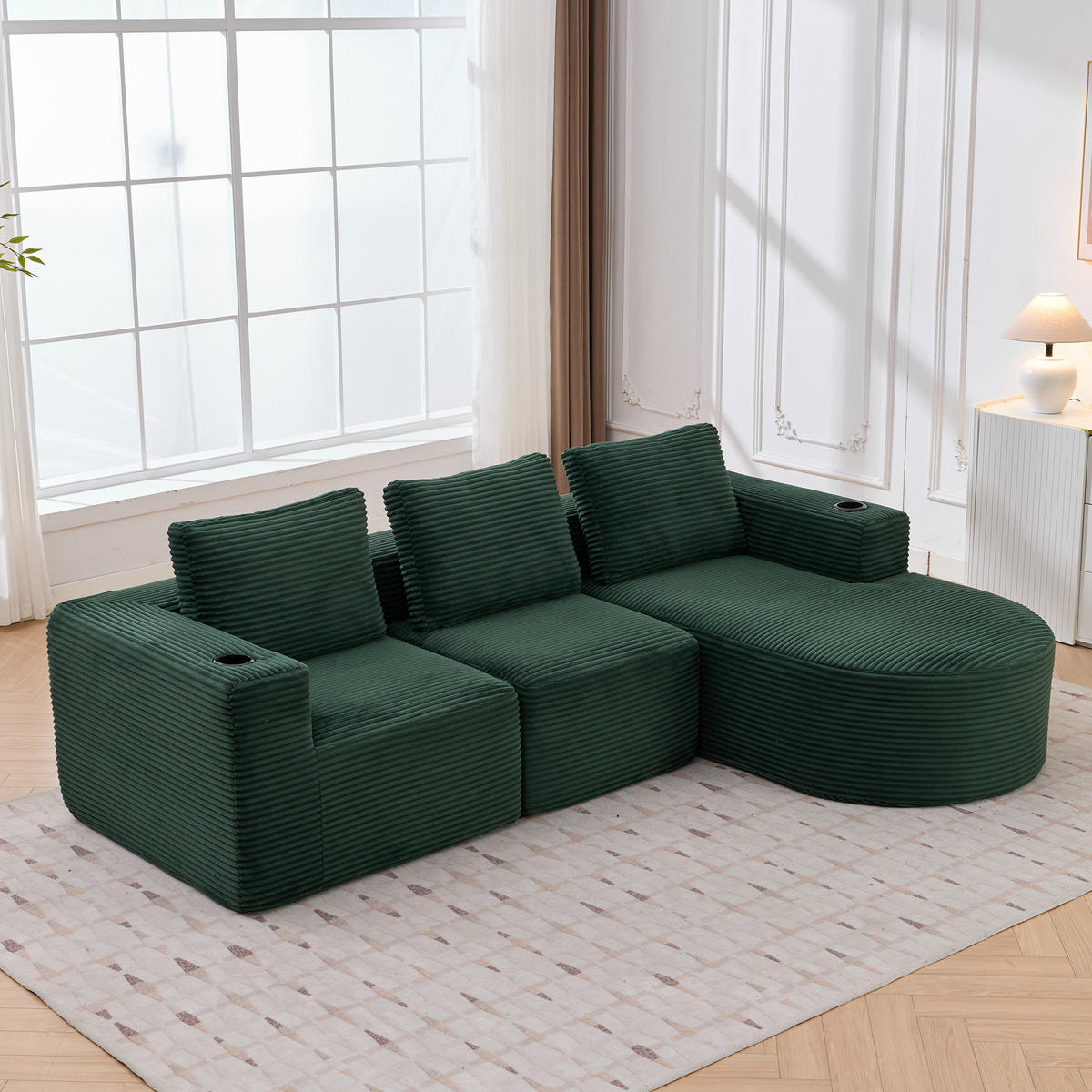 2-SITZER ECKSOFA Cord Retrogrün mit 3 Kissen und 2 Becherhalter - Jadegrün, Textil (265/176cm) - WISHDOR