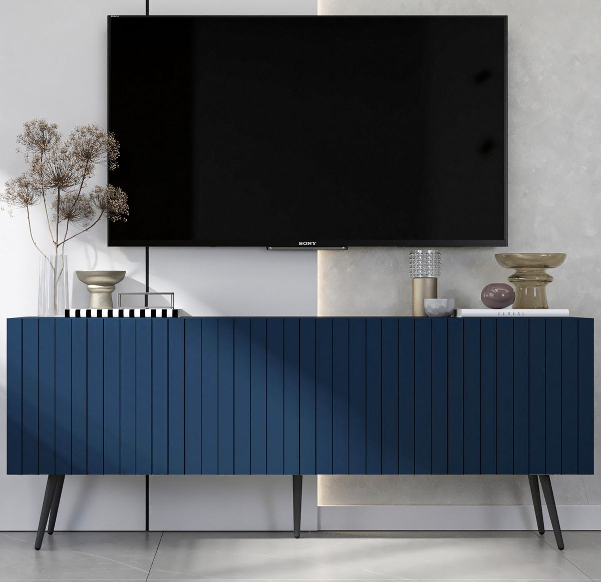 TV-SCHRANK Elpis Marineblau Matt mit Metallbeine Glamour 150 cm - Blau/Schwarz, Holzwerkstoff/Metall (150/60.5/36.5cm) - Meble Lindner