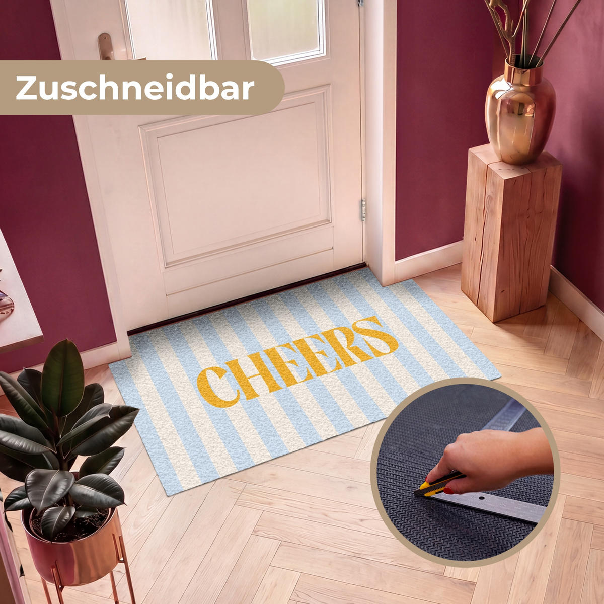 FUSSMATTE Orange – Blau – Streifen – Cheers 120x80 cm - Hellblau, Kunststoff (120/0.4cm) - MuchoWow